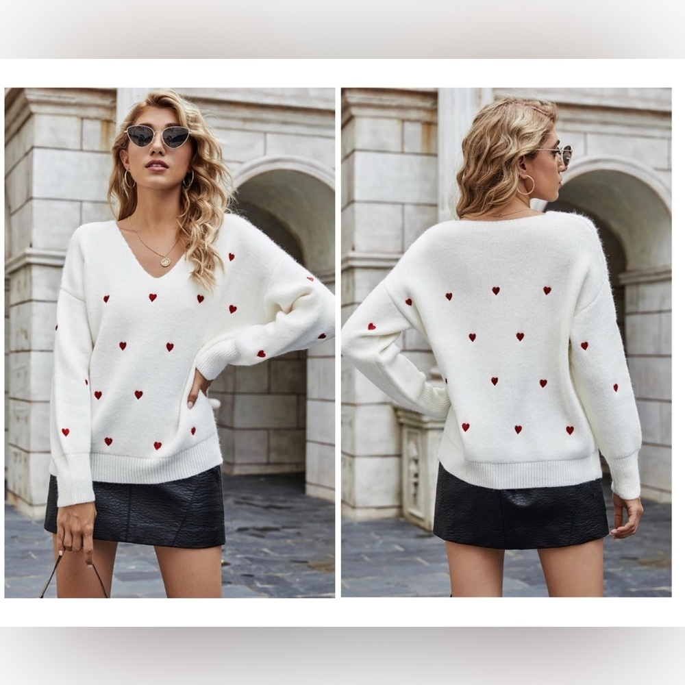 Pink Lily Cream V-Neck Embroidered Heart Fuzzy Soft Long Sleeve Sweater Size 2XL - Picture 2 of 13